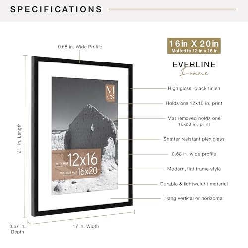 Image of MCS Everline Poster Frame, 16x20 Matted to 12x16, Black | Matted Poster Frame For Photos & Art Prints, 16x20 Inch Outer, 12x16 Inch Picture Window, Black Finish, 1-Pack