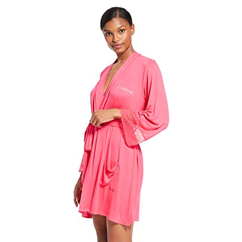 Bebe Womens Long Sleeve Lace Trim Belted Pockets Bathrobe Bright Rose Large #TOP17