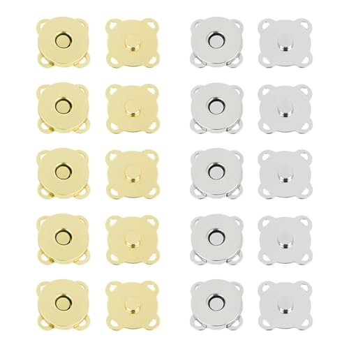VELSIN 10 Paires Boutons Pression Magnétiques - Or et Argent 14mm Pression Aimanté Couture à Coudre en Métal pour Sacs, Vêtements et Bricolage Couture