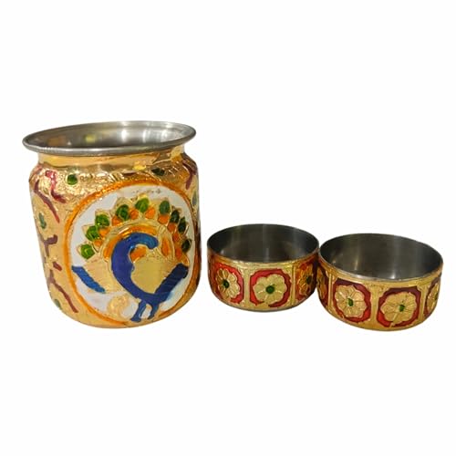 Image of ARKAM Meenakari Thali Set /Thali, Kalash, 2 Bowls (Set of 4 pcs) / Puja Thali Set /Pooja Thali Set /Meena Thaali