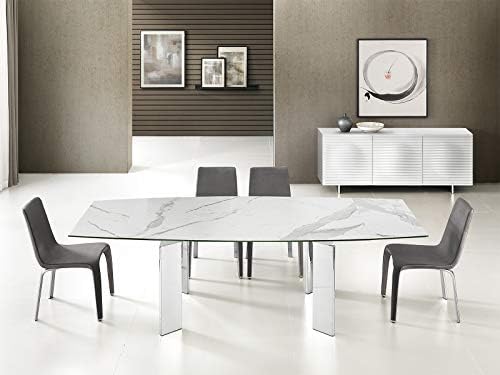 Talenti Casa Astor Motorized Dining Table in White Marbled Porcelain top on Glass with high Gloss White Lacquer Base.