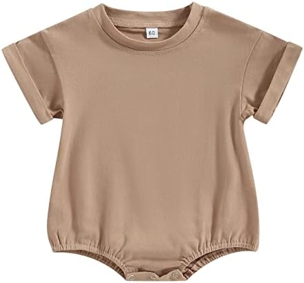AEEMCEM Unisex Baby Boy Girl Solid Color Short Sleeve Bubble Romper Oversized T-Shirt Romper Bodysuit Top Summer Clothes (A-Khaki, 6-12 Months)