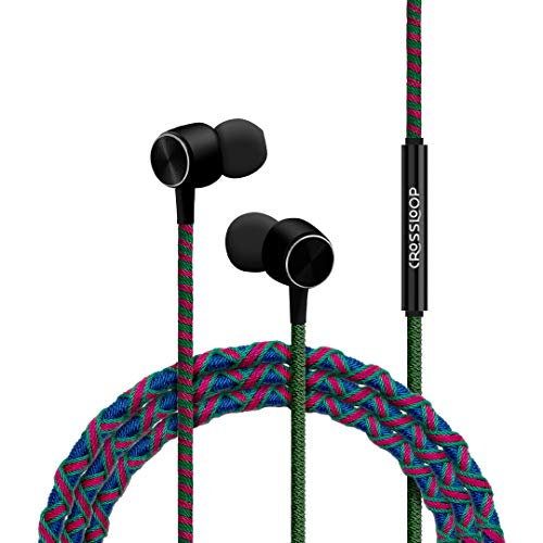 Crossloop Pro Series Braided Tangle Free Designer Wired in Ear Earphone with Metallic Driver 3.5mm for Extra Bass, with mic, Pink & Blue