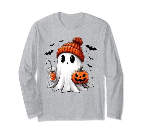 Cute Ghost Drinking Coffee Halloween Ghost Ice Coffee Long Sleeve T-Shirt
