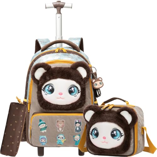 ZBAOGTW Mochila com rodinhas para crianças de 8 a 12 anos, Bronze fofo de pelúcia 3D