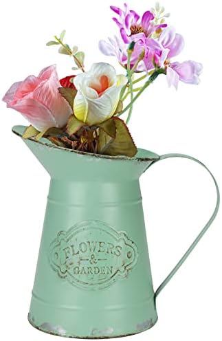 Belle Vous Olive Green Metal Flower Pitcher Vase - D11.8 x H17.5 / 4.65 x 6.89 Inches - Galvanized Vintage Shabby Chic Farmhouse Milk Jugs - Decorative Jug for Home/Wedding Decor & Garden Flowers
