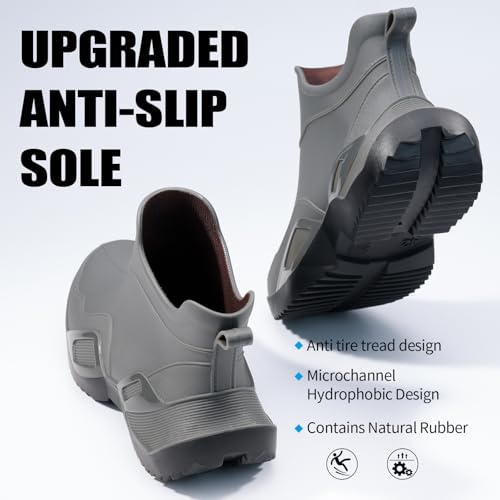 Image of Men's Ankle Rain Boots - Slip On Waterproof Garden Shoes - Comfortable Lightweight black&grey Rubber Fishing shoes