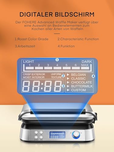 Gofrownica o mocy 1600 W, odpowiednia do przygotowywania gofrów belgijskich, 5 programów, 7 poziomów pieczenia, wyświetlacz LCD, timer, pojemnik przelewowy, bardzo głęboka płyta grzewcza.