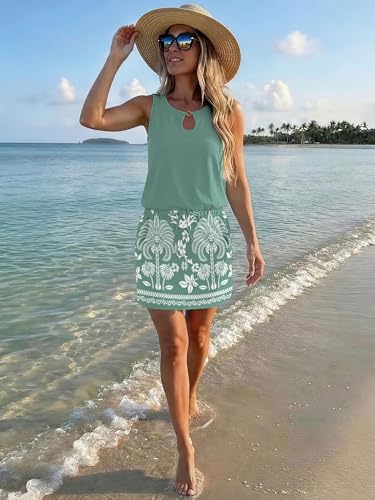 Image of SAUKOLE Womens Summer Causal Loose Sleeveless Crew Neck Drawstring Waist Mini Short Dress with Pockets