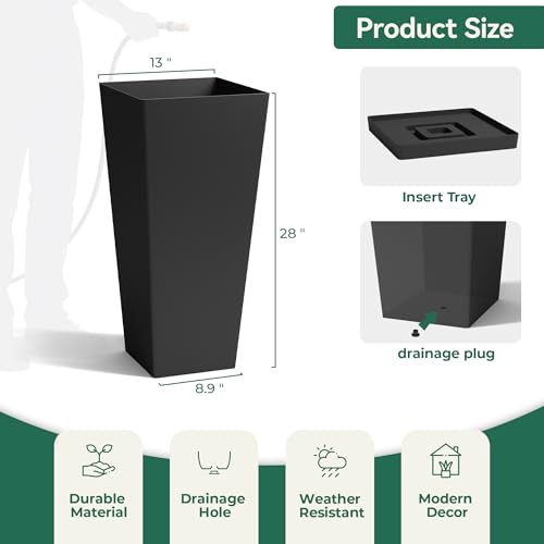 WORTH Garden Large 28 in.Tall Planters Set of 2 for Indoor and Outdoor, Heavy Duty Plastic Black Modern Taper Flower Plant Pots with Drainage Hole and Dual-Purpose Tray for Front Porch, Patio by Worth - Used condition - Image 4
