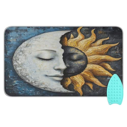 pnyoin Portable Ironing Mat Art Sun and Moon Face Travel Ironing Pad with Silicone Iron Rest for Steam Pressing on Tabletop or Bed Heat Resistant Portable Quilting & Travel Blanket