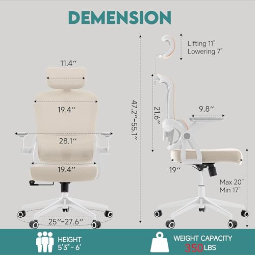 Image of Monhey Ergonomic Office Chair, 90-125 Tilt Back Home Desk Chair with 360 Swivel & Mute Wheels, High Back Mesh Computer Chair for Adults with Lumbar Support, 330 LBS Capacity (05Khaki)
