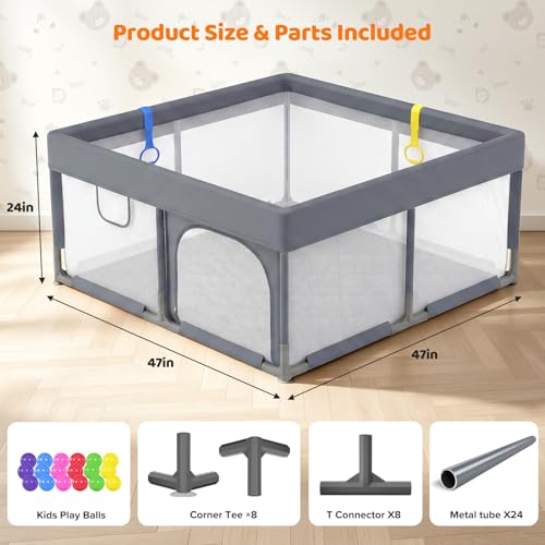 Image of Dripex Baby Playpen, 47 inchx47 inch Small Play Pen for Babies, Light Grey | With Buildmat /Colorful Balls / Pull up Rings, Breathable Visible Mesh, Easy Setup, Indoor /Outdoor Use