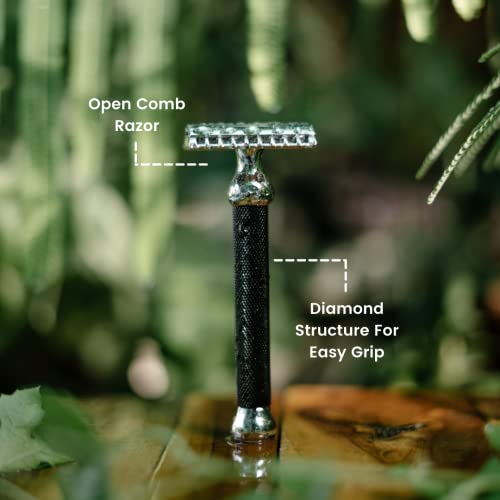 Image of Pink Woolf OC70 Open Comb Safety Razor for Men | Double Edge with 10 Blades | Matte Black Metal Shaver for Thick Beard & Wet Shaving | Aggressive Single Blade with Anti-Slip Handle