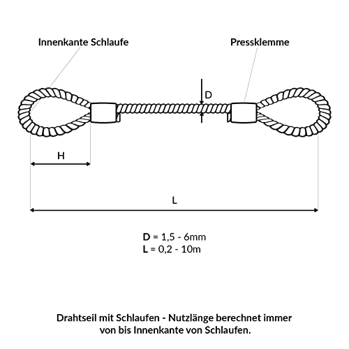 Foto von DQ-PP Stahlseil mit Ösen – Länge: 0,3 m / 30 cm – Stärke: 1,5 mm – 6x7 – Stahlkabel mit Schlaufen – Schlaufenkabel – Diebstahlsicherung für Gartenmöbel, Fahrrad, Schlaufseil