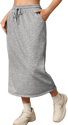 Image of SEAUR Women Midi Skirts with Pockets and Back Split Summer Casual Long Skirt Elasticated Waist Basic Solid - M Grey
