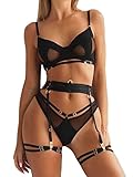 Kimlyf Strapsen Dessous Set für Damen Dessous Sexy Unterwäsche Reizwäsche Set mit Strapsen mit BH und Slip mit Spitze mit Beinbänder Schwarz 4-teiliges Set M