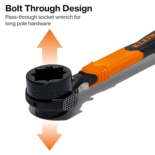 Image of KLEIN TOOLS KT171HFINS 5-in-1 Insulated Lineman Wrench with Dual Hammer Faces, 1000V Rated, Ratcheting Pass-Through Design, Tether Hole, Ergonomic Grip for Utility Pole Hardware