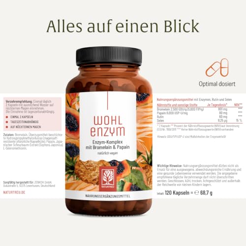 NATURTREU® Enzym Komplex mit 801mg Bromelain (5000 F.I.P), Papain, Rutin und Selen - Ananas & Papaya Enzym vegan - Immunsystem* Unterstützung - Magensaftresistente Kapseln