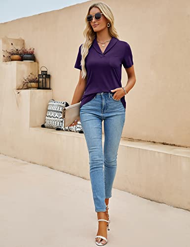 Zhenwei Women's Short Sleeve Polo Shirts Loose Business Casual Tops Work Blouses V Neck Spring Tunic Tops Purple S #TOP3
