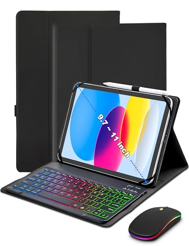 XCHYTECHER Universal Tablet Keyboard Case for 9.7',10.1',10.2',10.5',10.9',11' iPad Samsung Fire Pixel Android 10.1 inch Tablets, 7 Color Rainbow Backlit Removable Keypad with Pen Holder(Black) +Mouse