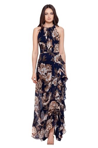 Image of Betsy & Adam Women's Elegant Long Chiffon Floral Dress with Ruffle Detail and Tie Neck