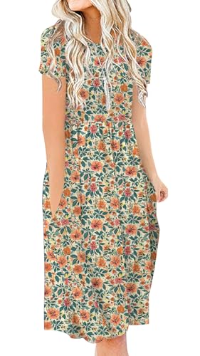Image of DB MOON Women Summer Casual Short Sleeve Dresses Empire Waist Dress with Pockets