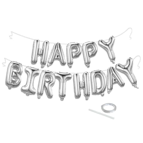 Image of Silver Happy Birthday Balloon Banner Set -16 Inch Foil Letters Balloons, Reusable Birthday Decorations and Party Supplies, Suitable for Men and Women's Birthday Decorations,Party Backdrop