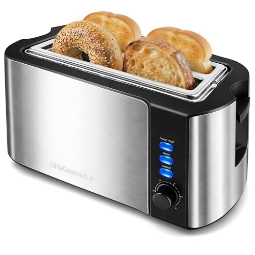 Elite Gourmet ECT-3100 4-Slice Long Slot Toaster | Extra Wide Slots for Bagels, Sourdough & Texas Toast | 6 Browning Settings | Reheat, Defrost & Cancel | Built-In Warming Rack | Stainless Steel