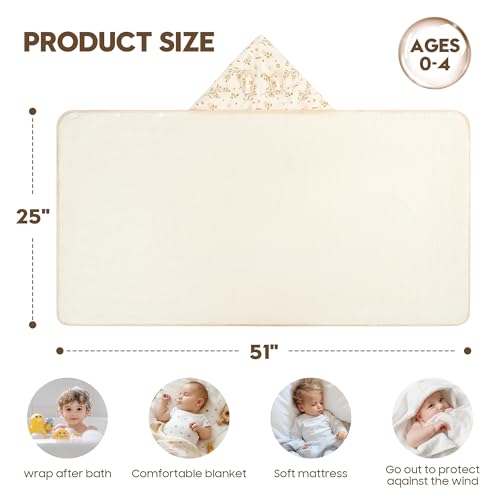 Image of Baby Bath Towel with Hood - 6-Layer Organic Cotton Muslin Hooded Towel, Soft Absorbent Large 25x51 inches for Toddler Baby (Pink, Floral)