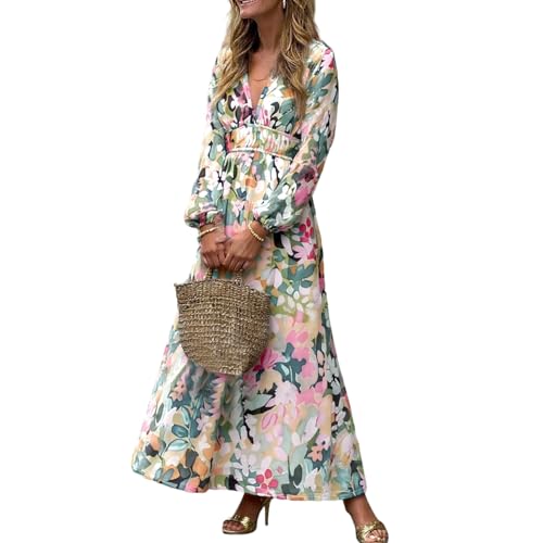 LOZ Women's Summer Dress Puff Sleeve V-Neck Multicolor Floral Maxi Dresses 2025 Long Sleeves Elegant Wedding Guest Dress