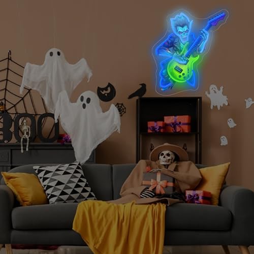 Image of Zombie Playing Electric Guitar Neon Sign Music Led Light Up Sign Pop Art With UV Printed background Room Wall Decor Man Gaming Room, Kids Room, Bar Decoration, Birthday Party Gifts