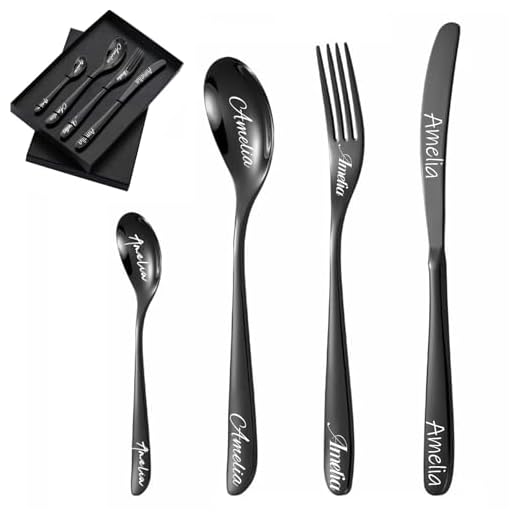 Individuell graviertes Besteck, 1 Set von 4 Stück, personalisiertes Besteck für Erwachsene, Gabel, Messer, Löffel und Teelöffel graviertes Edelstahl-Besteck-Set (Schwarz)