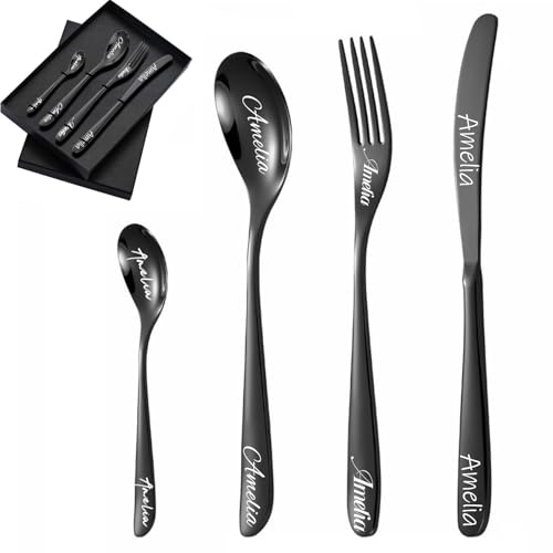 Individuell graviertes Besteck, 1 Set von 4 Stück, personalisiertes Besteck für Erwachsene, Gabel, Messer, Löffel und Teelöffel graviertes...