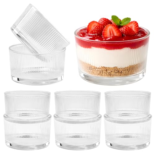 Image of EFLUB Small Glass Dessert Bowls Set for 8, 6.5 oz ice Cream Bowls, Dishwasher Safe Stackable Glass Bowls, Vertical Stripe Design for Ice Cream, Pudding, Salad, Weddings, Birthdays & Daily Use