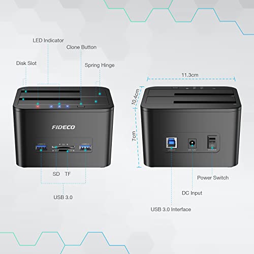 Image of Hard Drive Docking Station, FIDECO USB 3.0 HDD Docking Station Dual-Bay External Hard Drive Dock with Offline Clone Function for 2.5 inch /3.5 inch SATA HDD SSD, Support TF & SD Card (2x 10TB)