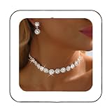 Unicra Silver Rhinestone Choker Necklace Earrings Sets Bridal Wedding Jewelry Set Prom Costume Jewelry for Women and Brides (Silver Rhinestone)