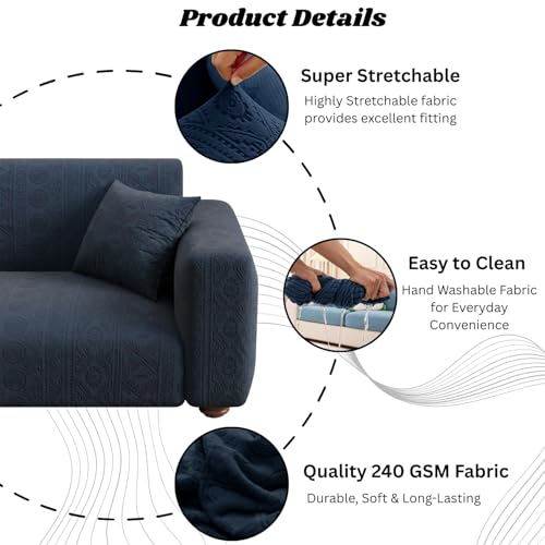 Image of Lukzer 4 Seater Pastel Marine Blue Tribal Pattern Sofa Cover | 240 GSM Universal Stretch Fit Jacquard Fabric Couch Protector | Fully Covered Anti Slip & Washable Sofa Cover (230-300cm /SC-136-04)
