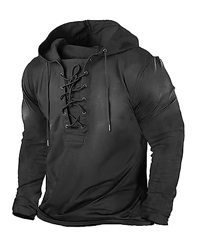 Beotyshow Herren Vintage Hoodie Langarm Shirt Männer Lace Up Hooded...