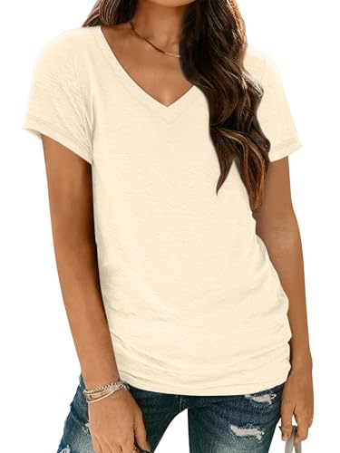 AUTOMET T-Shirts Short Sleeve V Neck Tees Tops for Women Fashion Trendy Lightweight Soft Casual Summer Outfits Clothes 2025 Cream L