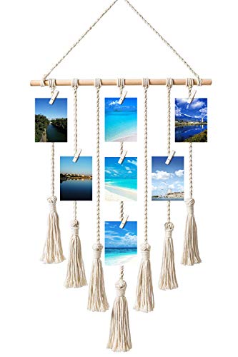 Toniya Hanging Photo Display Pictures Organizer Macrame Wall Bohemian Home Decor，with 30 Wood Clips