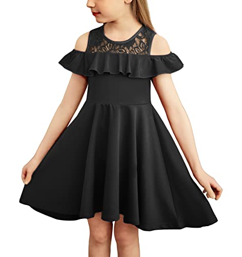 Arshiner Dresses For Girls Summer Off Shoulder Flutter Sleeve Midi Swing Cassual High Low Formal Dresses Black 6-7 Years #TOP21