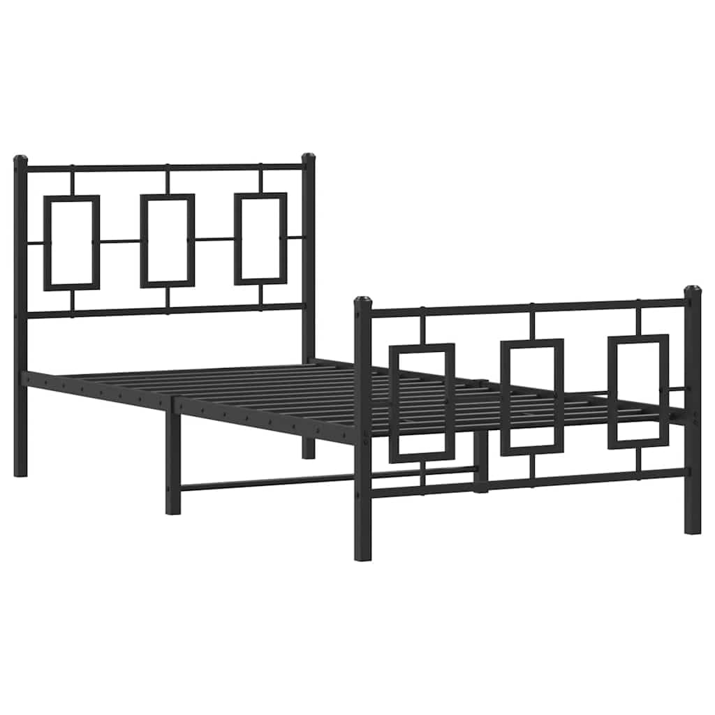 Malowana proszkowo stal Klasyczna rama z listwami Czarny 90x200 cm | Metalowa rama łóżka 90x200 z wezgłowiem i zanóżkiem, czarna, solidny stelaż pod materac z listwami i miejscem do