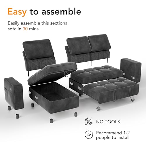 Image of Vipbear 81 inch Sectional Sleeper Sofa with Pull Out Bed, Chenille L Shaped Sleeper Sofa, Pull Out Couch with Reclining Backrest, Reversible Storage Chaise, USB Ports, Tool-Free Assembly, Dark Grey