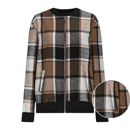 YRAETENM Flannel Jacket Women Stand Collar Long Sleeve Zip up Plaid Shackets Casual Warm Bomber Jackets Coats Fall Outfits4