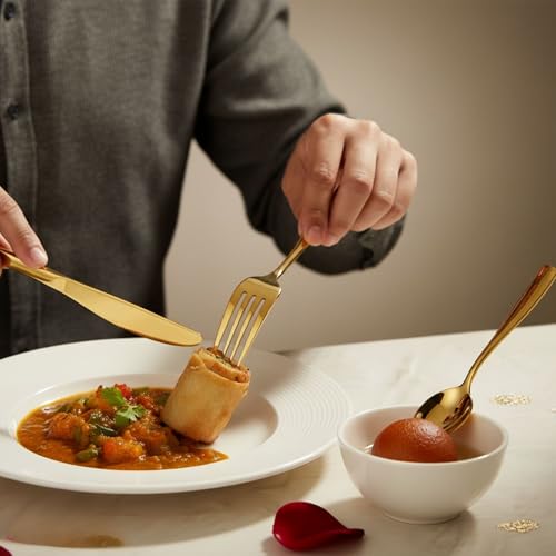 Image of 4 Pcs Gold Mirror Polish Stainless Steel Cutlery Set for Dining Table with Spoon and Fork Set & Butterknife - The Perfect Tableware /Flatware