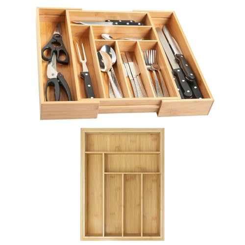 Wooden Bamboo Cutlery Drawer Organiser, 6-8 Compartments Extendable Cutlery Tray, Utensil Tray for Kitchen, Adjustable Cutlerys Divider Organiser for Silverware, Flatware, Knives, 32-52 x 43 x 5cm