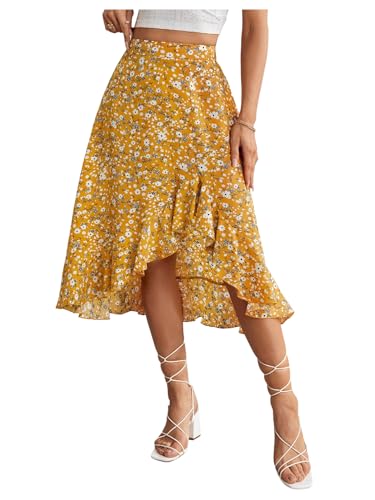SweatyRocks Women's Ditsy Floral Print Midi Skirt 2025 Summer Boho Ruffle Hem Skirt3