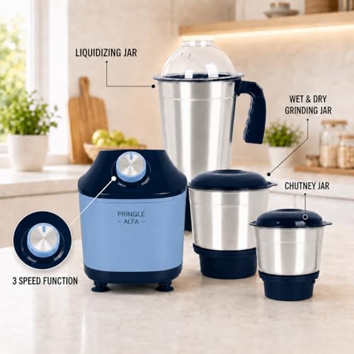 Image of Pringle Alfa 550W 3 Jar Mixer Grinder for Kitchen | 3 SS Jars (Liquidizing, Wet & Dry Grinder & Chutney) | Stainless Steel Blades | Compact & Powerful | 5 Yr Warranty | Blue