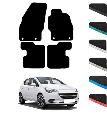 GCM - Car Floor Mats for Vauxhall Corsa E 2014-2020 Full Coverage Floor Protection - Anti Slip & Fit Car Mat with Clips Easy to Clean Car Carpet for All-Weather- Black Edging, Carpet